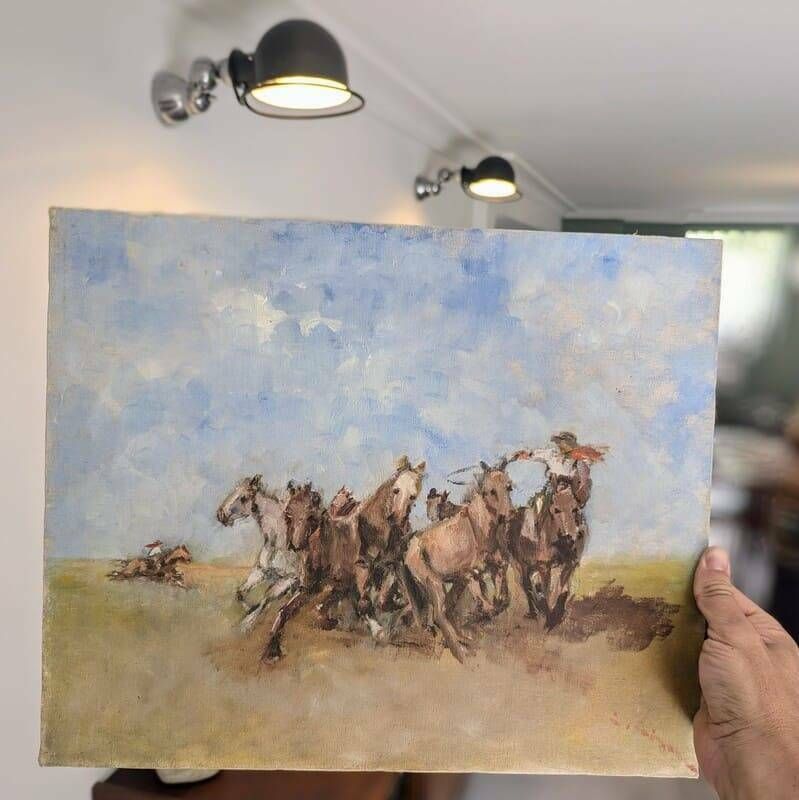 Oil On Canvas "Wild Horses" photo vintage