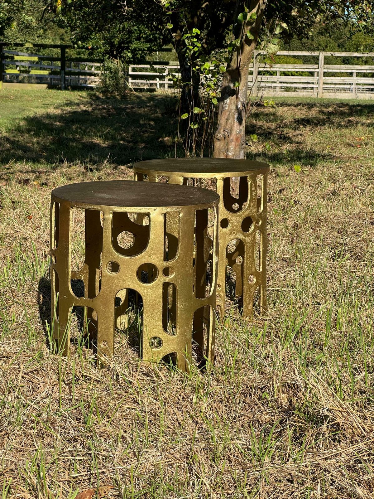 Mid Century Modern Brutalist Hollywood Regency Pair Of Gilt Metal Side Tables photo furniture