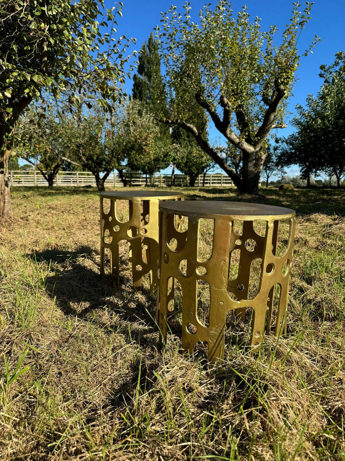 Mid Century Modern Brutalist Hollywood Regency Pair Of Gilt Metal Side Tables photo buy