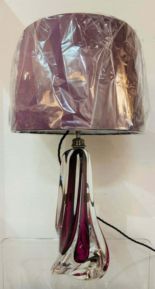 photo vinterior 1950s Val St Lambert Purple & Clear Crystal Glass Table Lamp