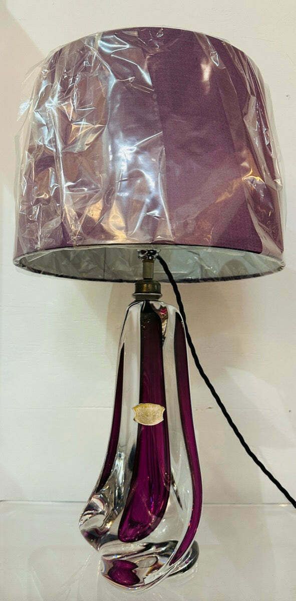photo vintage 1950s Val St Lambert Purple & Clear Crystal Glass Table Lamp