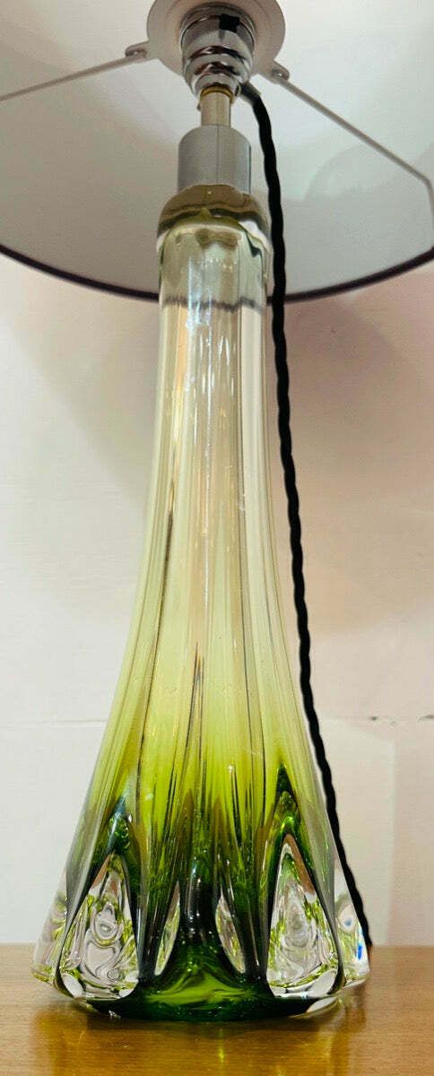 photo for sale 1950s Belgium Val Saint Lambert Green & Clear Crystal Glass Table Lamp Signed