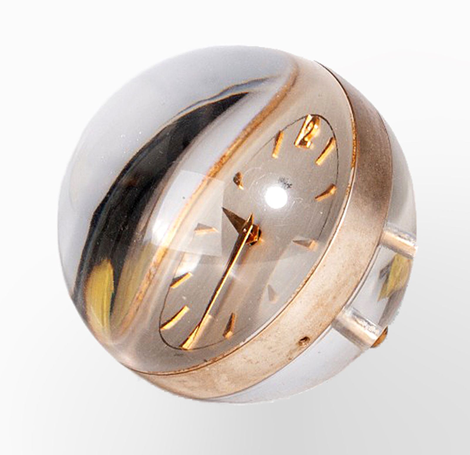 1960s Mid Century Modern Lucite And Gilt Brass Sphere/Ball Paperweight Clock With 15 Jewel Wind Up Movement By Swiss Clockmaker Arthur Imhof photo furniture