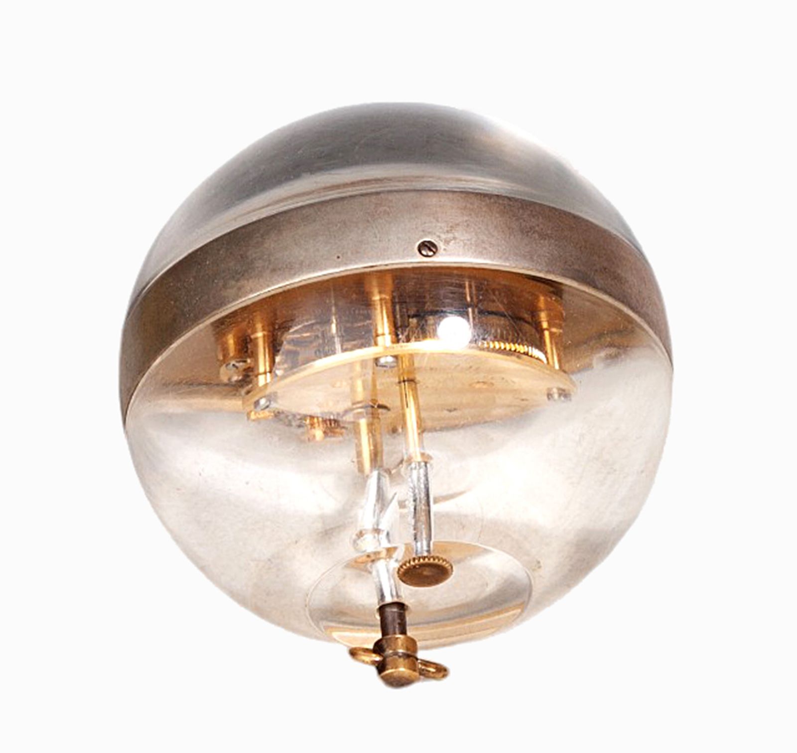 1960s Mid Century Modern Lucite And Gilt Brass Sphere/Ball Paperweight Clock With 15 Jewel Wind Up Movement By Swiss Clockmaker Arthur Imhof photo for sale
