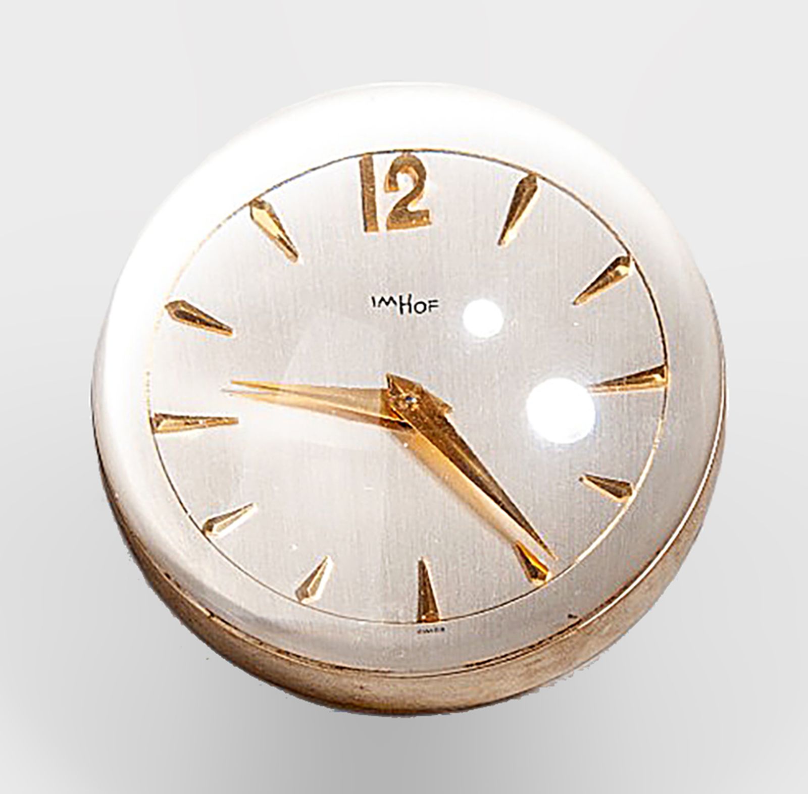 1960s Mid Century Modern Lucite And Gilt Brass Sphere/Ball Paperweight Clock With 15 Jewel Wind Up Movement By Swiss Clockmaker Arthur Imhof photo vintage