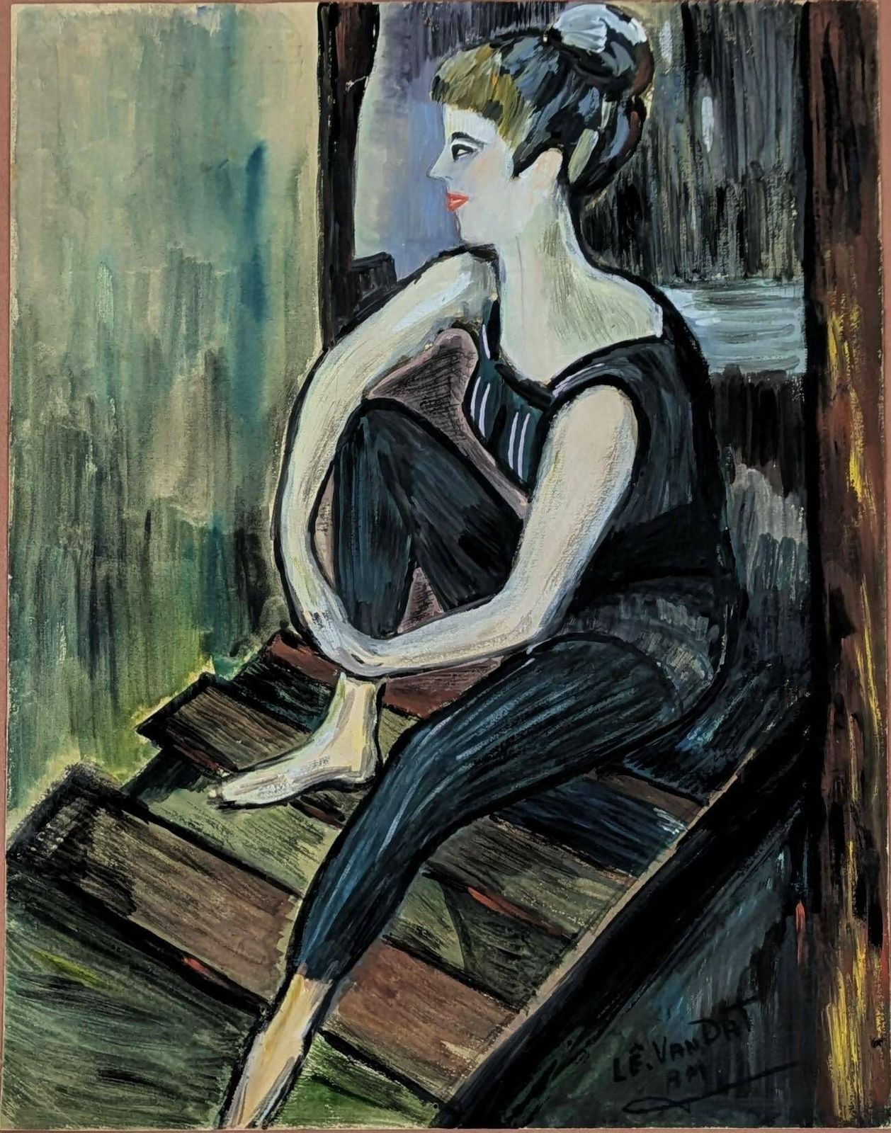 Vintage French Gouache Art Drawing On Paper Of A Ballerina Sitting On Steps Artist Signed Le Vandat, Original Naive Art