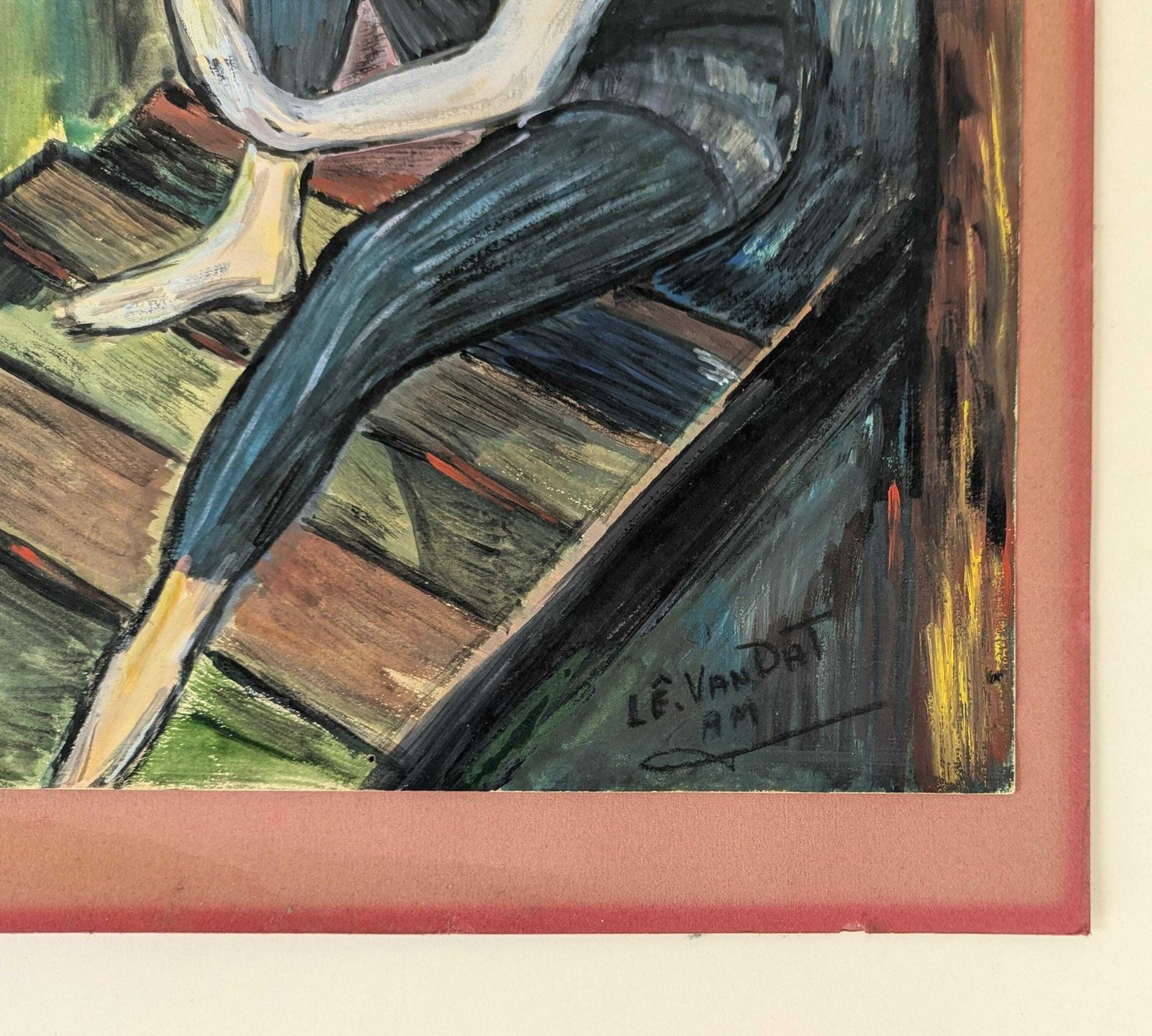 Vintage French Gouache Art Drawing On Paper Of A Ballerina Sitting On Steps Artist Signed Le Vandat, Original Naive Art photo for sale