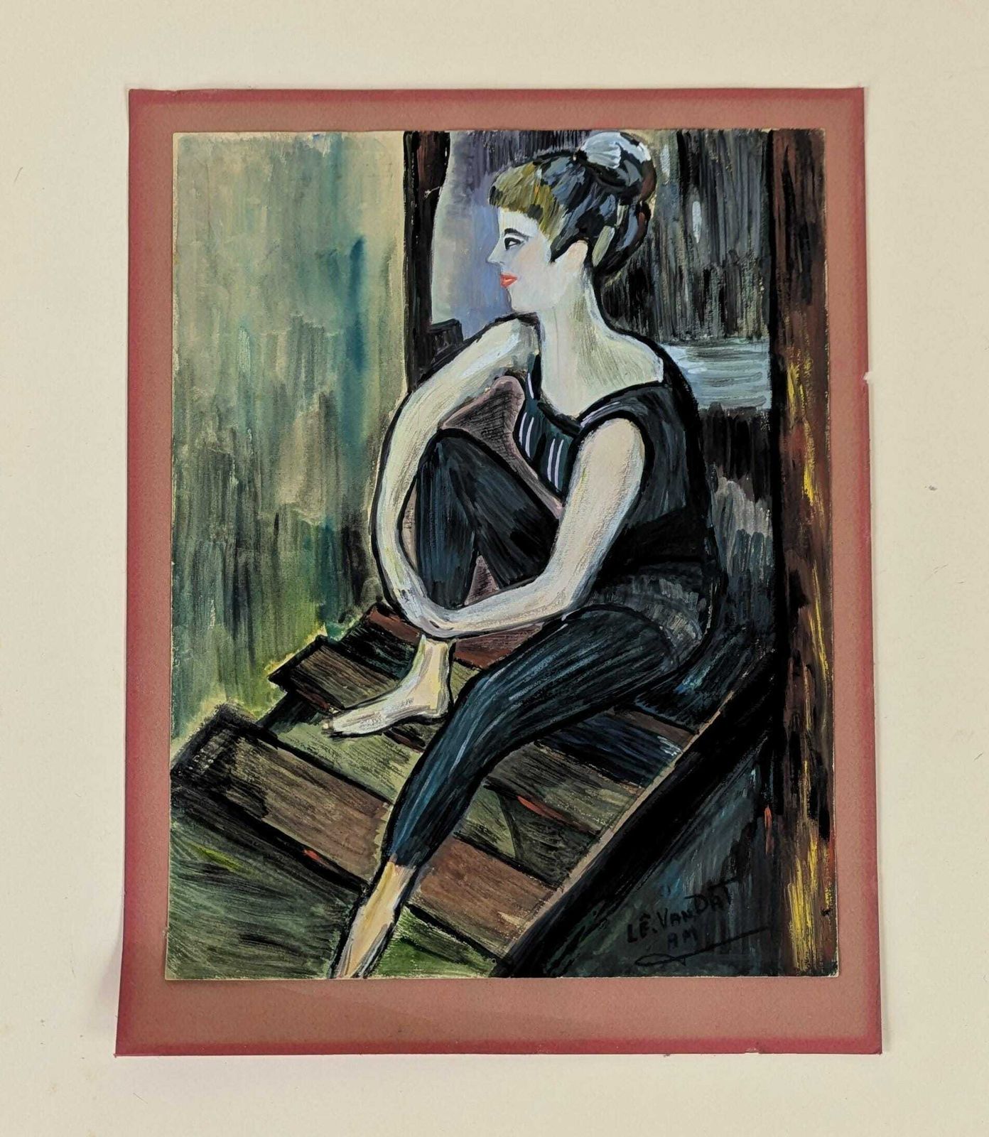 Vintage French Gouache Art Drawing On Paper Of A Ballerina Sitting On Steps Artist Signed Le Vandat, Original Naive Art photo 57.0