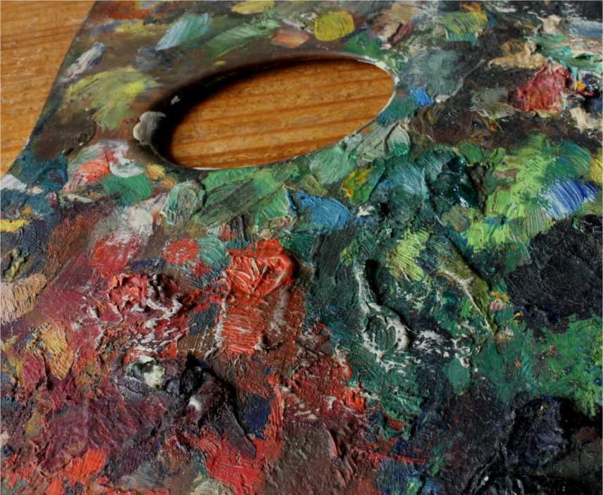 Artist Palette With Oil Paints. Decorative Paint Mixing Board. C1900. photo vinterior