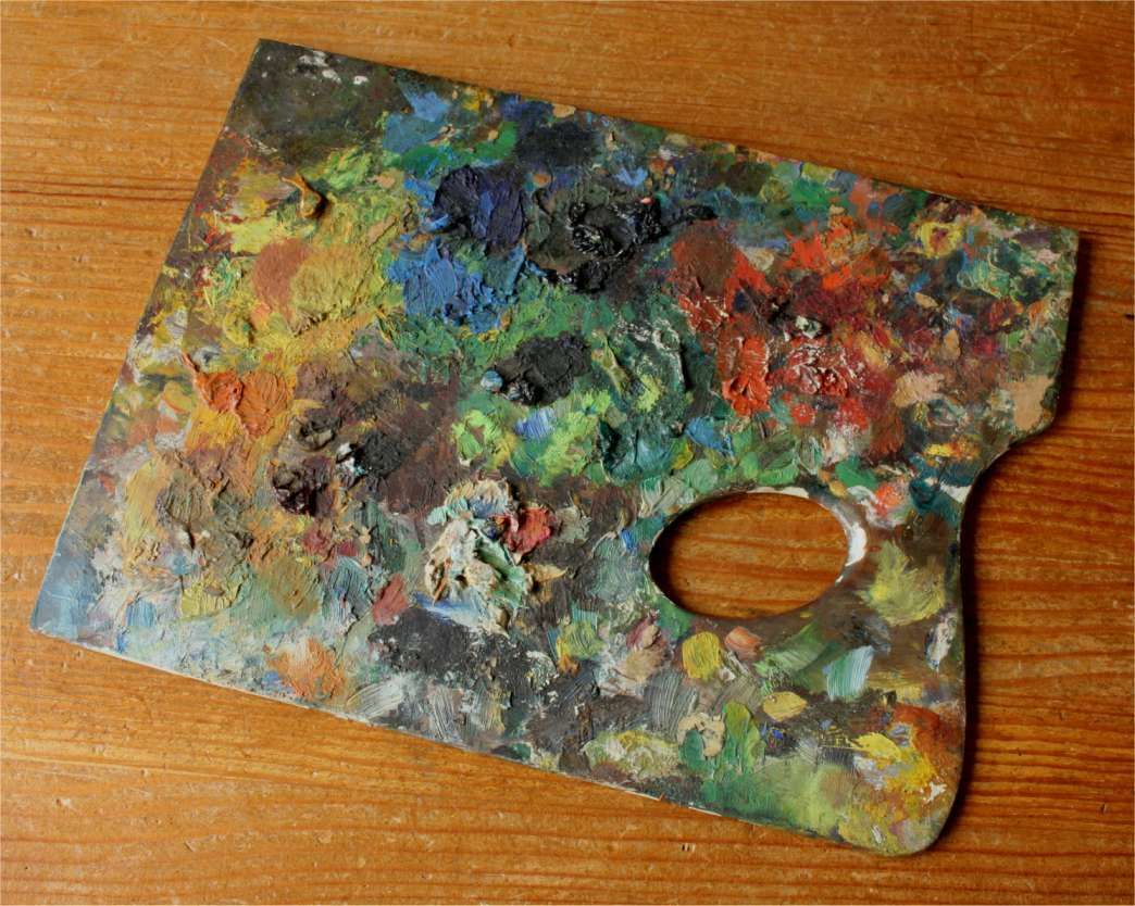 125.0 Artist Palette With Oil Paints. Decorative Paint Mixing Board. C1900. photo