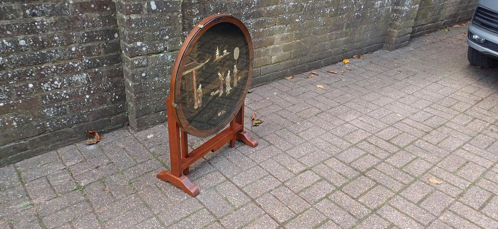 Unusual Early To Mid Vintage Oak Oriental Coffee Table And Folding Fire Screen Hand Created Decoration. photo furniture