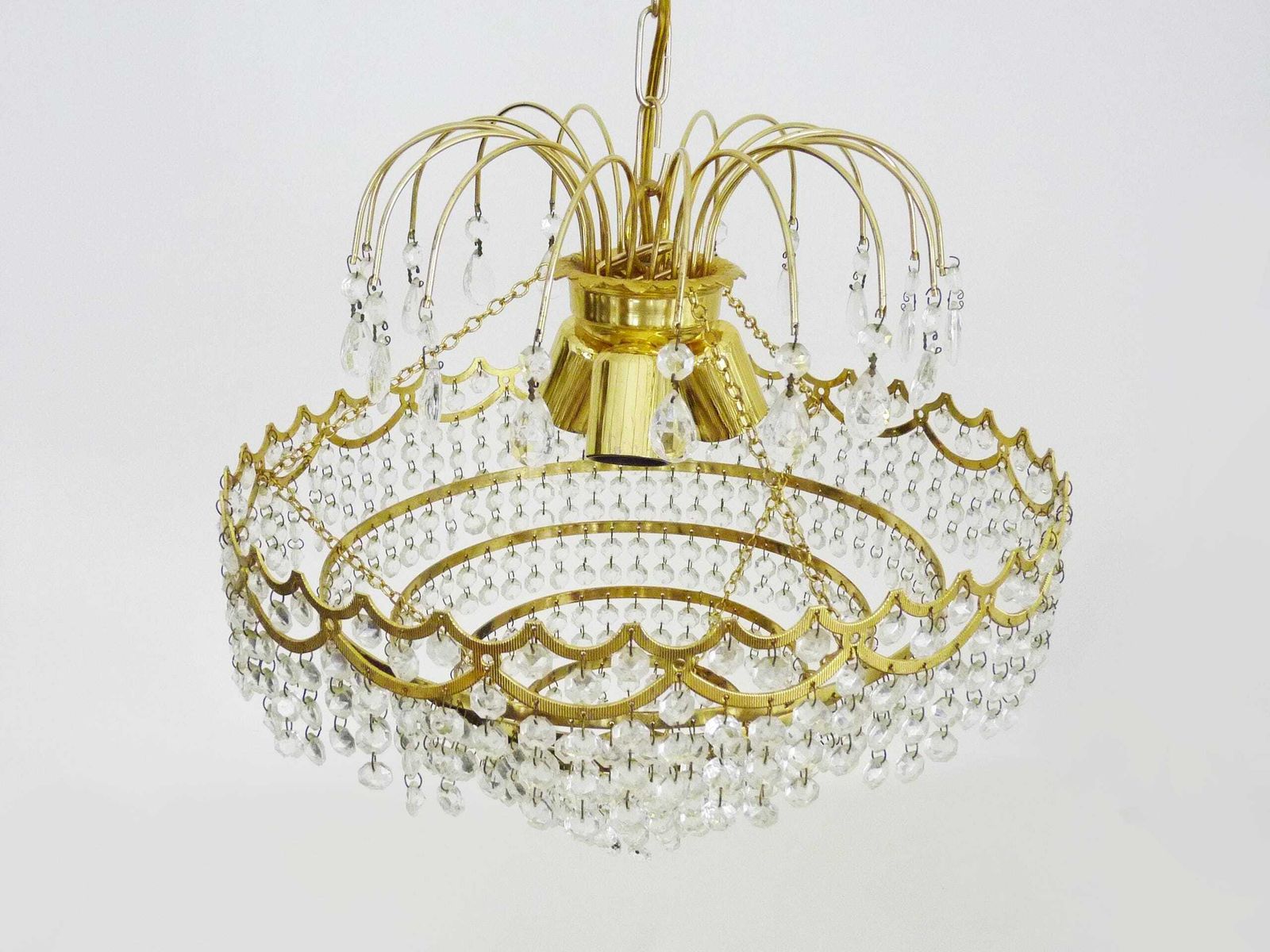 Large And Old Chandelier, Brass Crown Ceiling Light, 6 Levels, 3 Lights, Glass Pendants. Hot Air Balloon Chandelier. 70s 80s photo 505.0