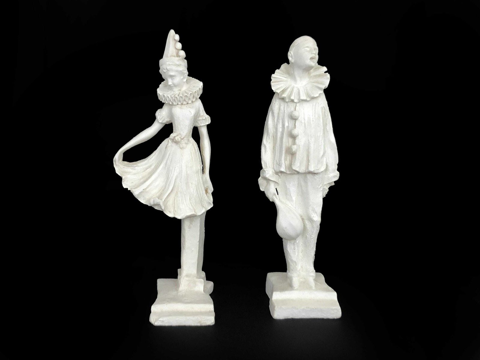 Pair Of Sculptures Of Pierrot And Colombine In Salt Stone Art Deco Style. 50s 60s