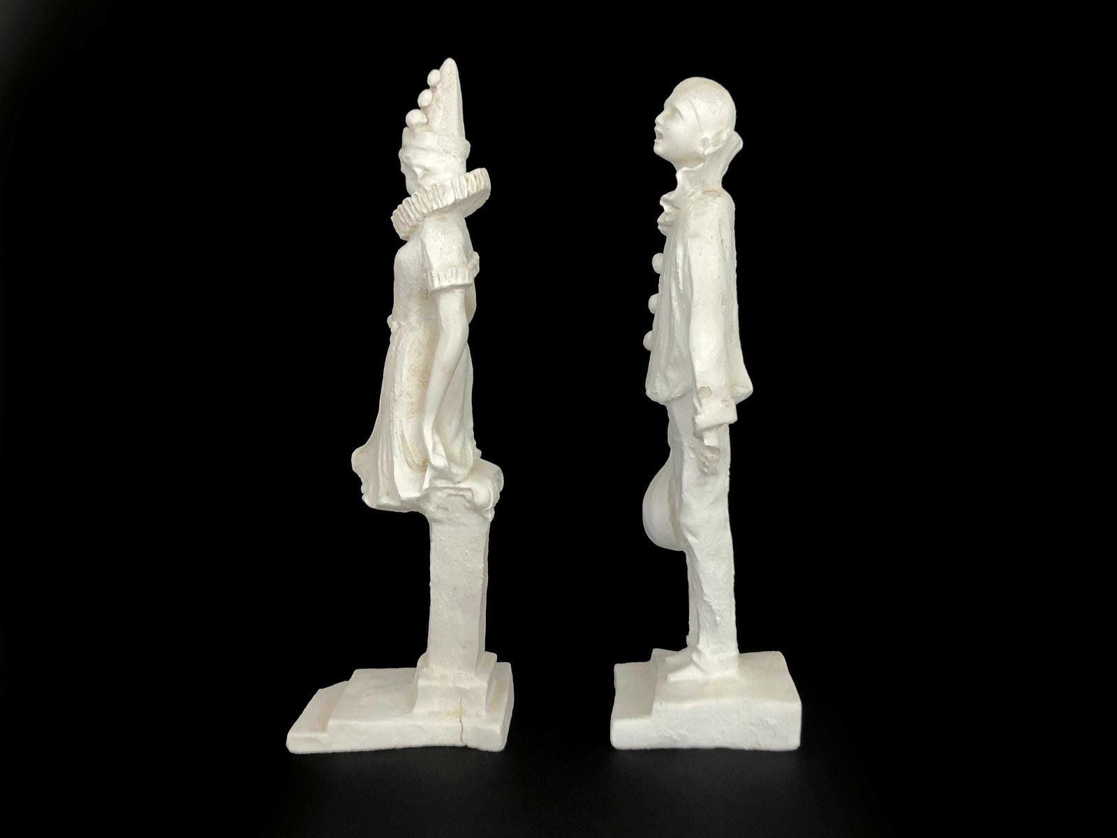 Pair Of Sculptures Of Pierrot And Colombine In Salt Stone Art Deco Style. 50s 60s photo vintage