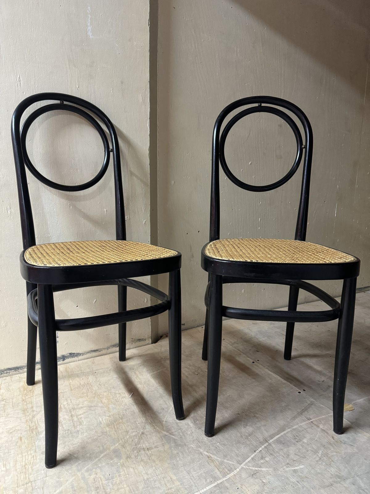 Pair Of Black Bentwood Vintage Chairs, Brass Bead Detail On The Back. Rare.