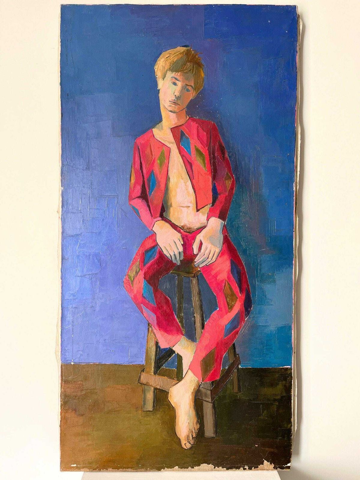 Mid Century Oil Painting Of A Harlequin, French Vintage Oil On Canvas Portrait With Stylised Aesthetic photo Art