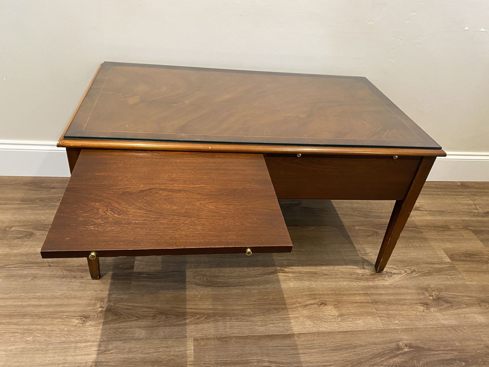 photo furniture Bradley Furniture Burr Yew Wood Two Drawer Coffee Table + Butlers Serving Trays