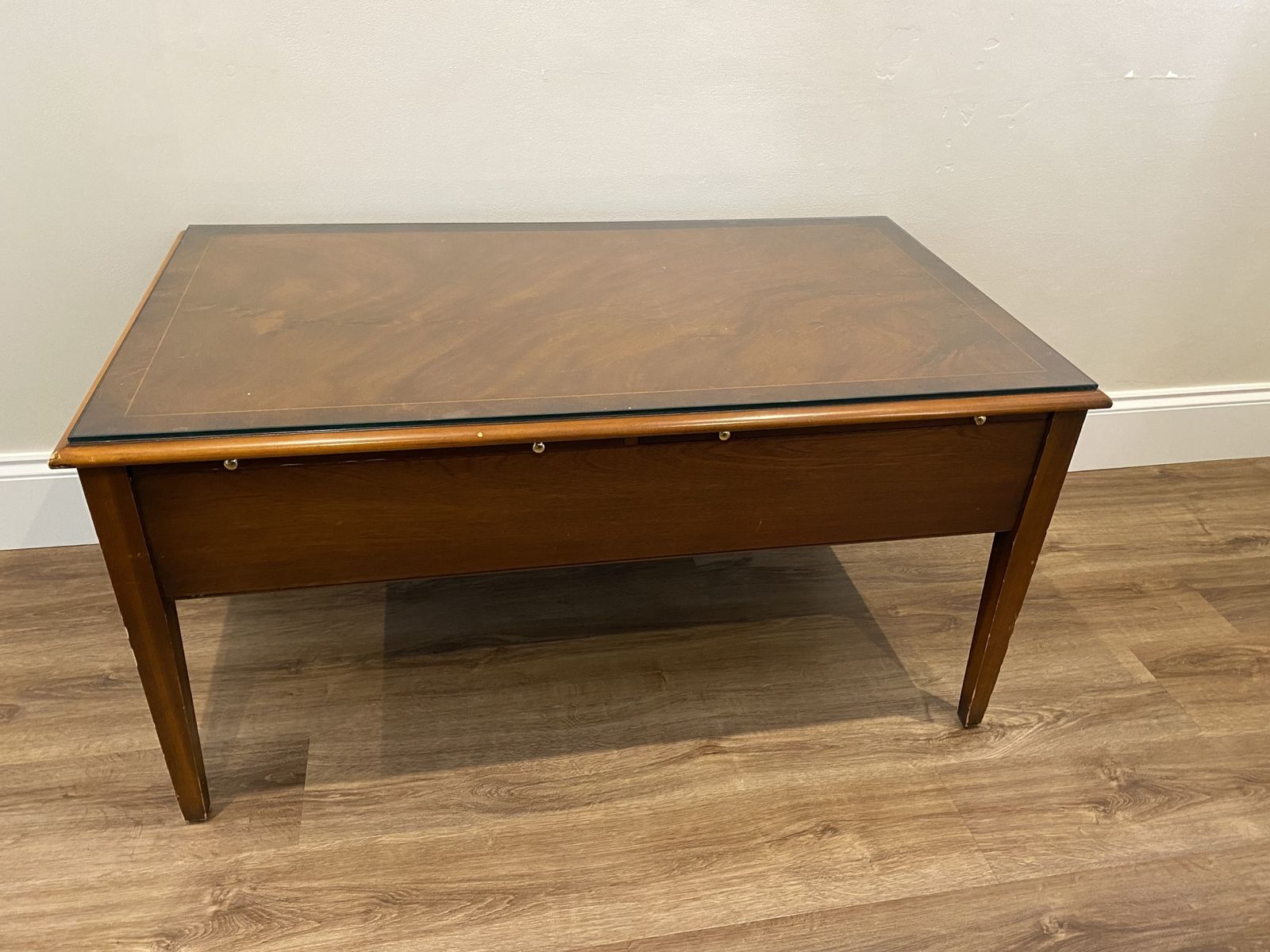 photo for sale Bradley Furniture Burr Yew Wood Two Drawer Coffee Table + Butlers Serving Trays