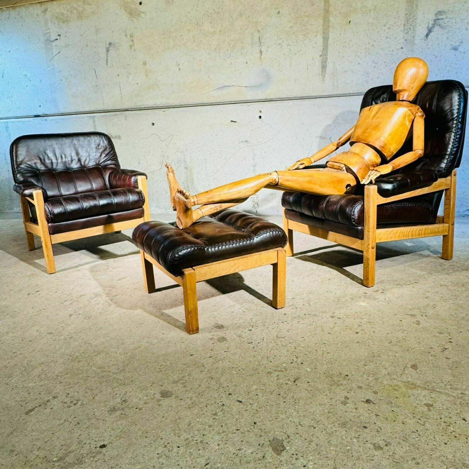 Vintage His And Hers Leather & Oak Swedish Chairs 70s With Footstool #342a photo Furniture