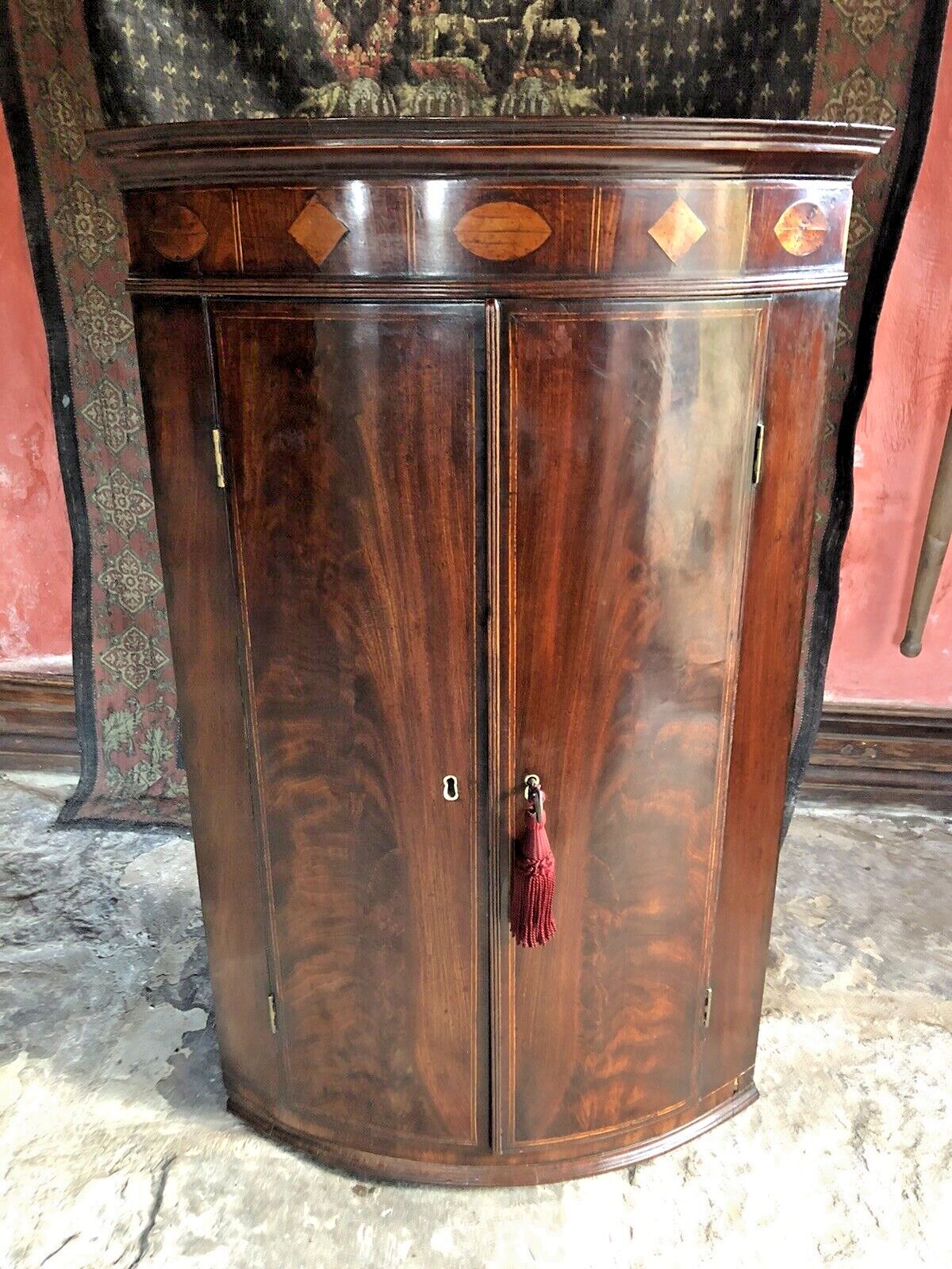 Fine Quality Antique Mahogany Tall Georgian Marquetry  Corner Cabinet W/Key photo buy