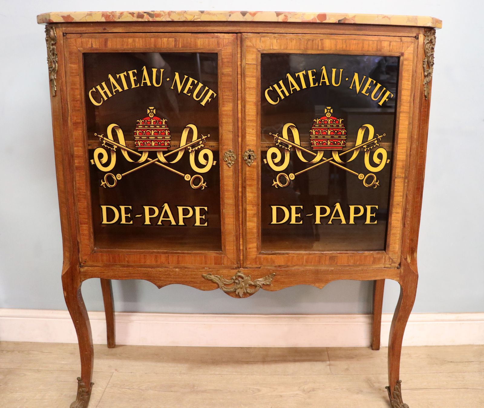 A Wonderful Early 20th Century French Glazed Display Cabinet, Later Hand Sign Written Rhone Valley Vineyards Of Chateauneuf Du Pape.