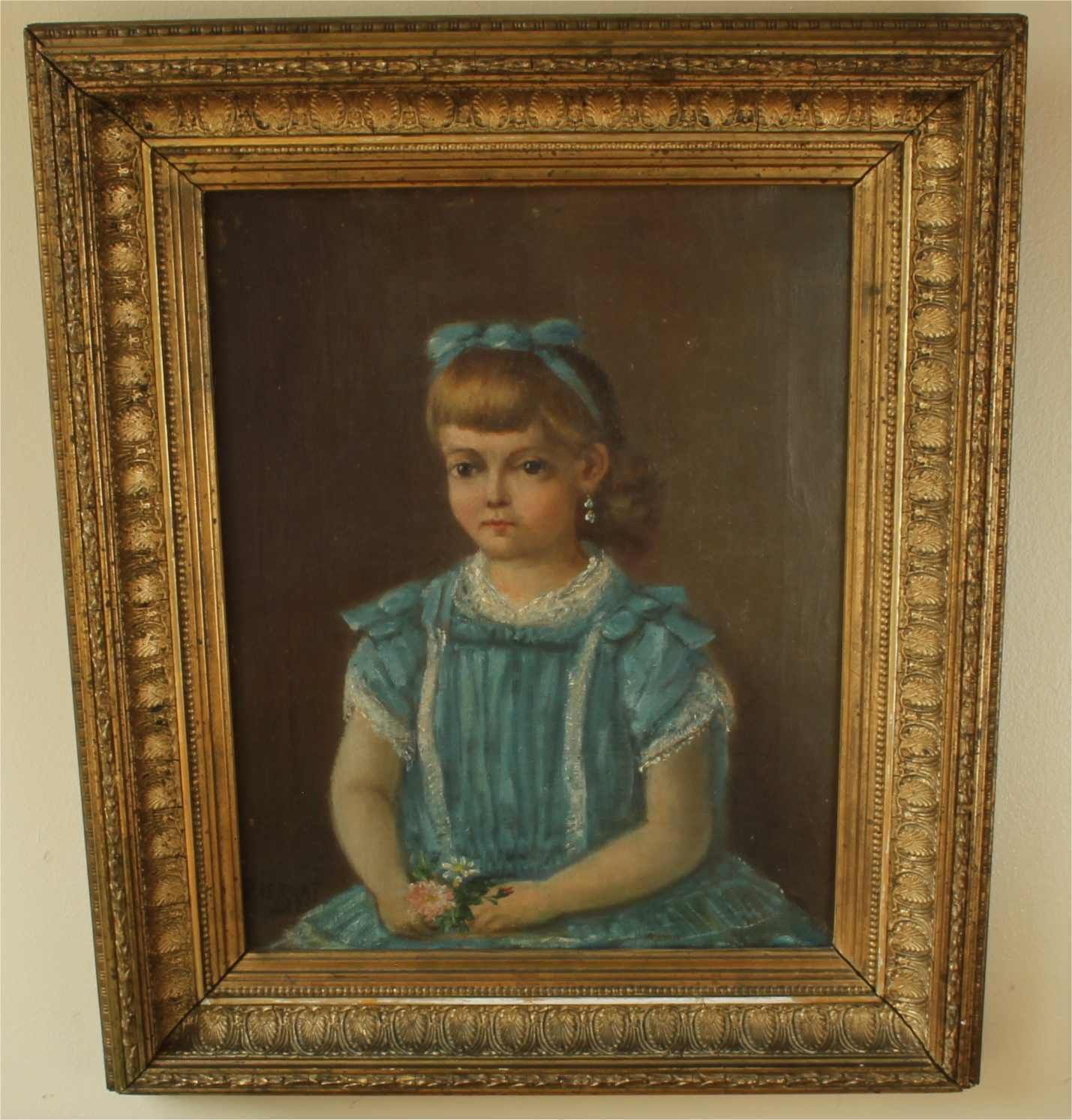 Young Girl In Blue Dress Oil Painting. Victorian Child Portrait. Pierrat.