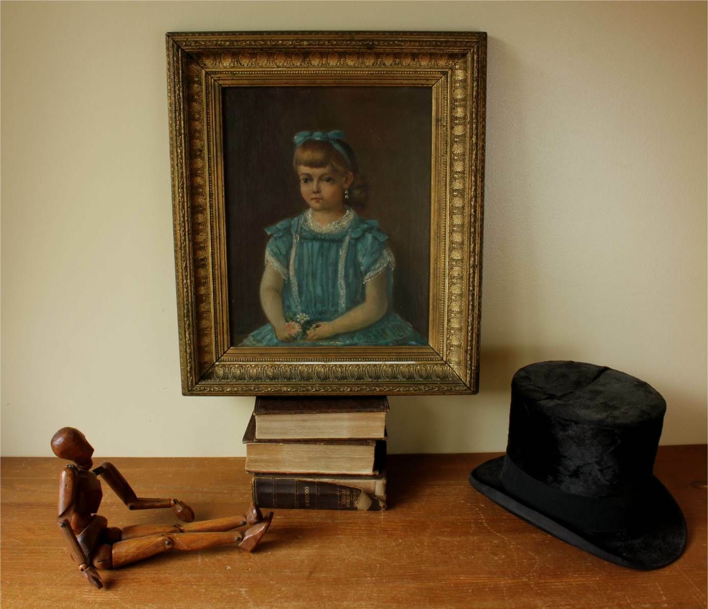 Young Girl In Blue Dress Oil Painting. Victorian Child Portrait. Pierrat. photo furniture