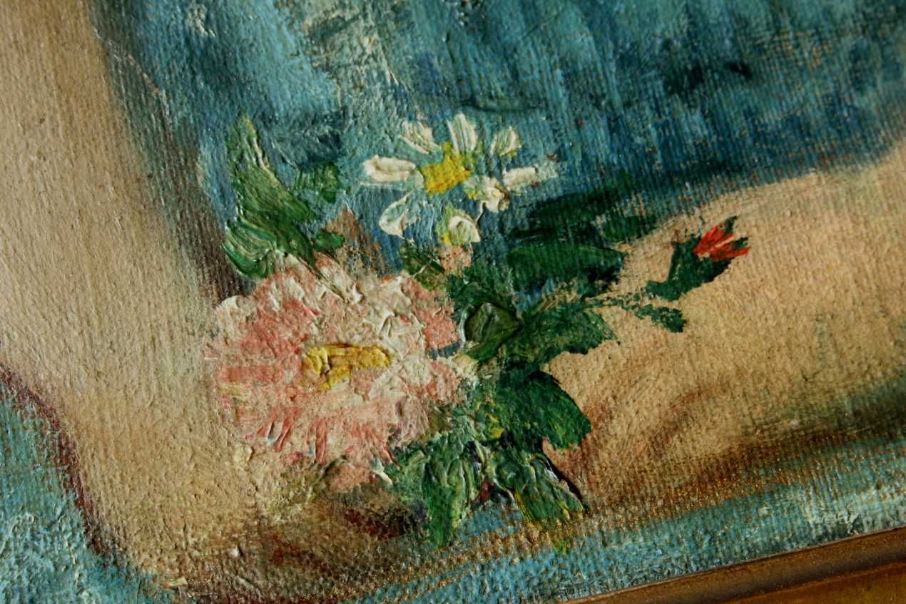 Young Girl In Blue Dress Oil Painting. Victorian Child Portrait. Pierrat. photo vinterior