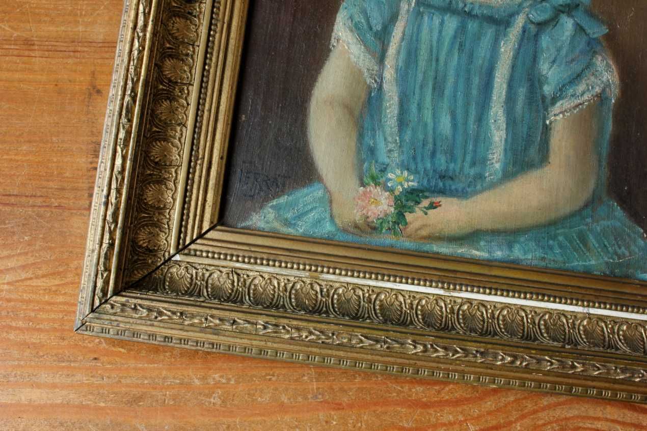 photo furniture Young Girl In Blue Dress Oil Painting. Victorian Child Portrait. Pierrat.