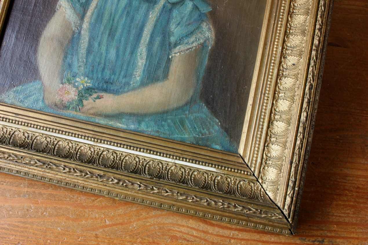 photo vinterior Young Girl In Blue Dress Oil Painting. Victorian Child Portrait. Pierrat.