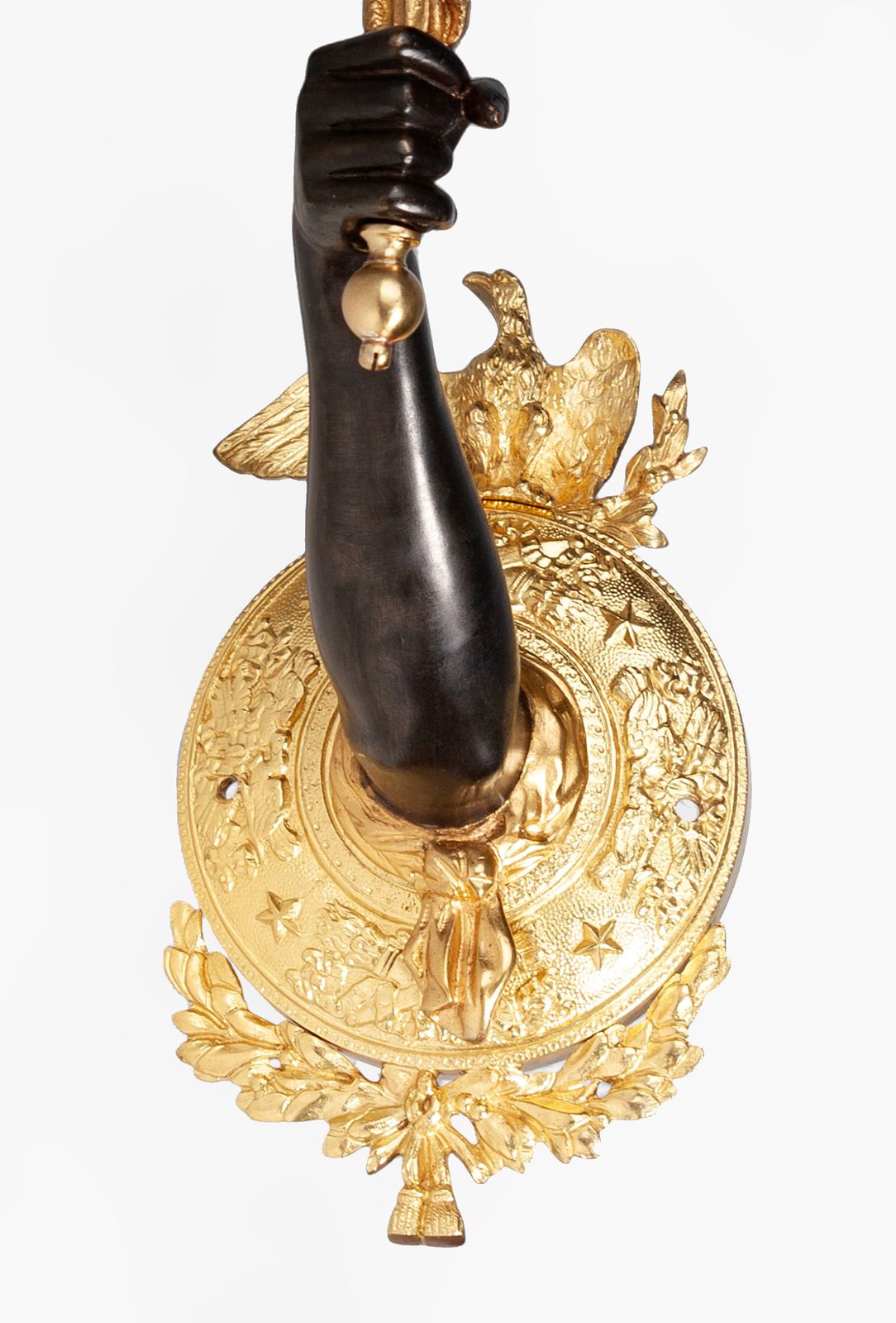 Pair Of Late 19th Century Empire Gilt Bronze Ormolu Wall Appliques Of Arms Holding Caduceus Staffs, France photo for sale