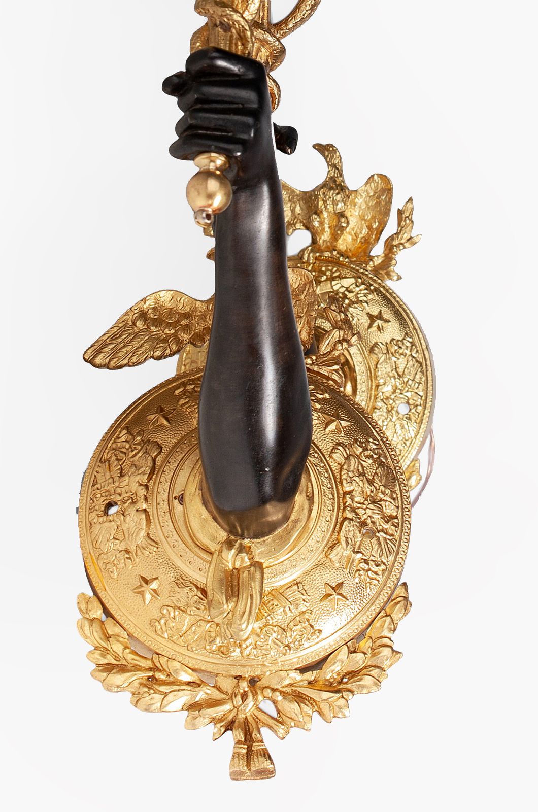 Pair Of Late 19th Century Empire Gilt Bronze Ormolu Wall Appliques Of Arms Holding Caduceus Staffs, France photo Lighting