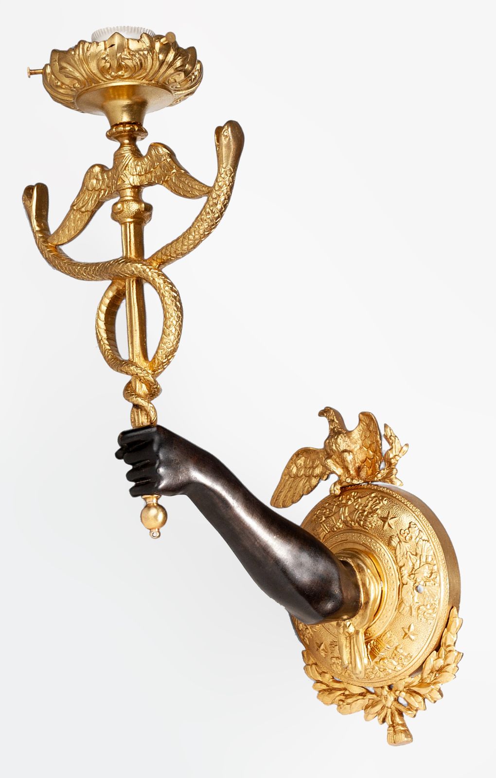 Pair Of Late 19th Century Empire Gilt Bronze Ormolu Wall Appliques Of Arms Holding Caduceus Staffs, France photo buy