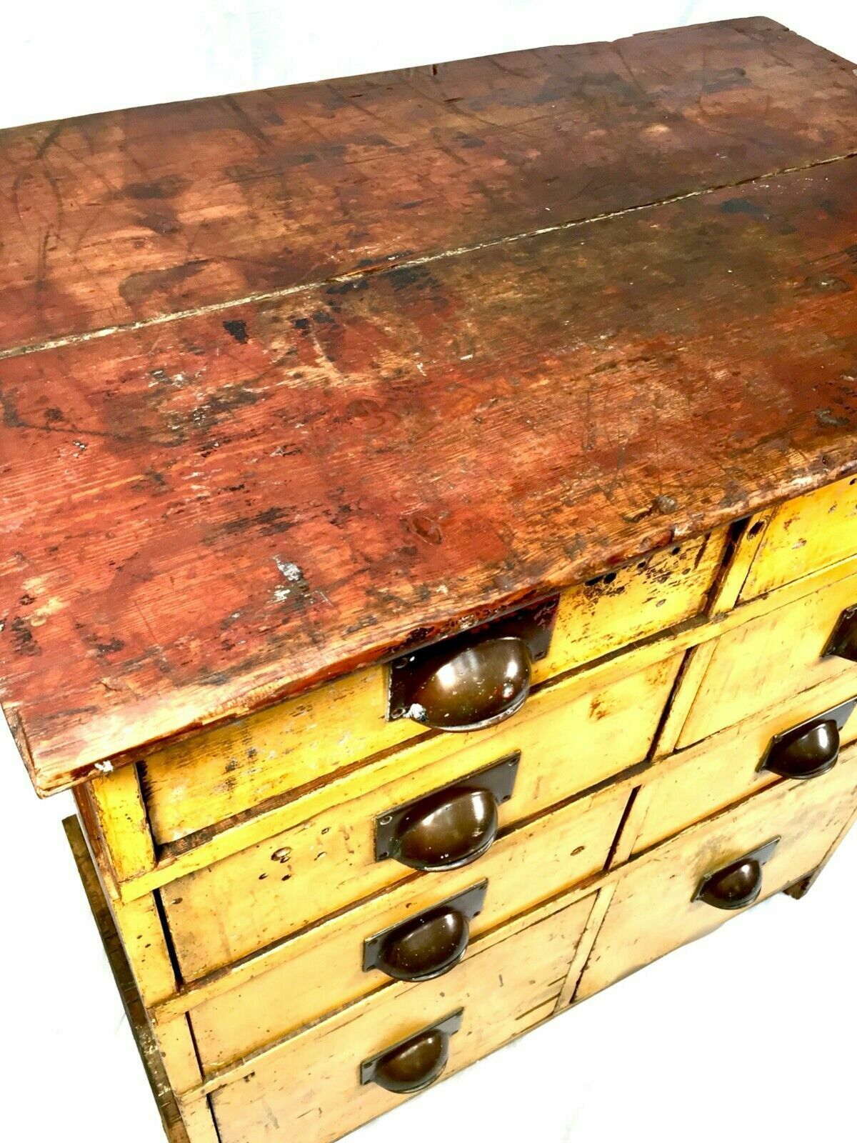 799.0 Antique Large Rustic Painted Chest Of Storage Drawers / Filing Cabinet / C.1900 photo