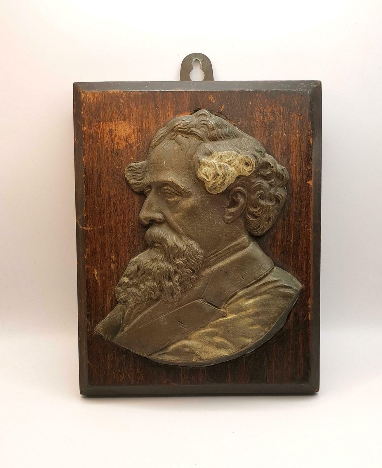 Antique Charles Dickens Plaque, Metal And Wood Sculpture