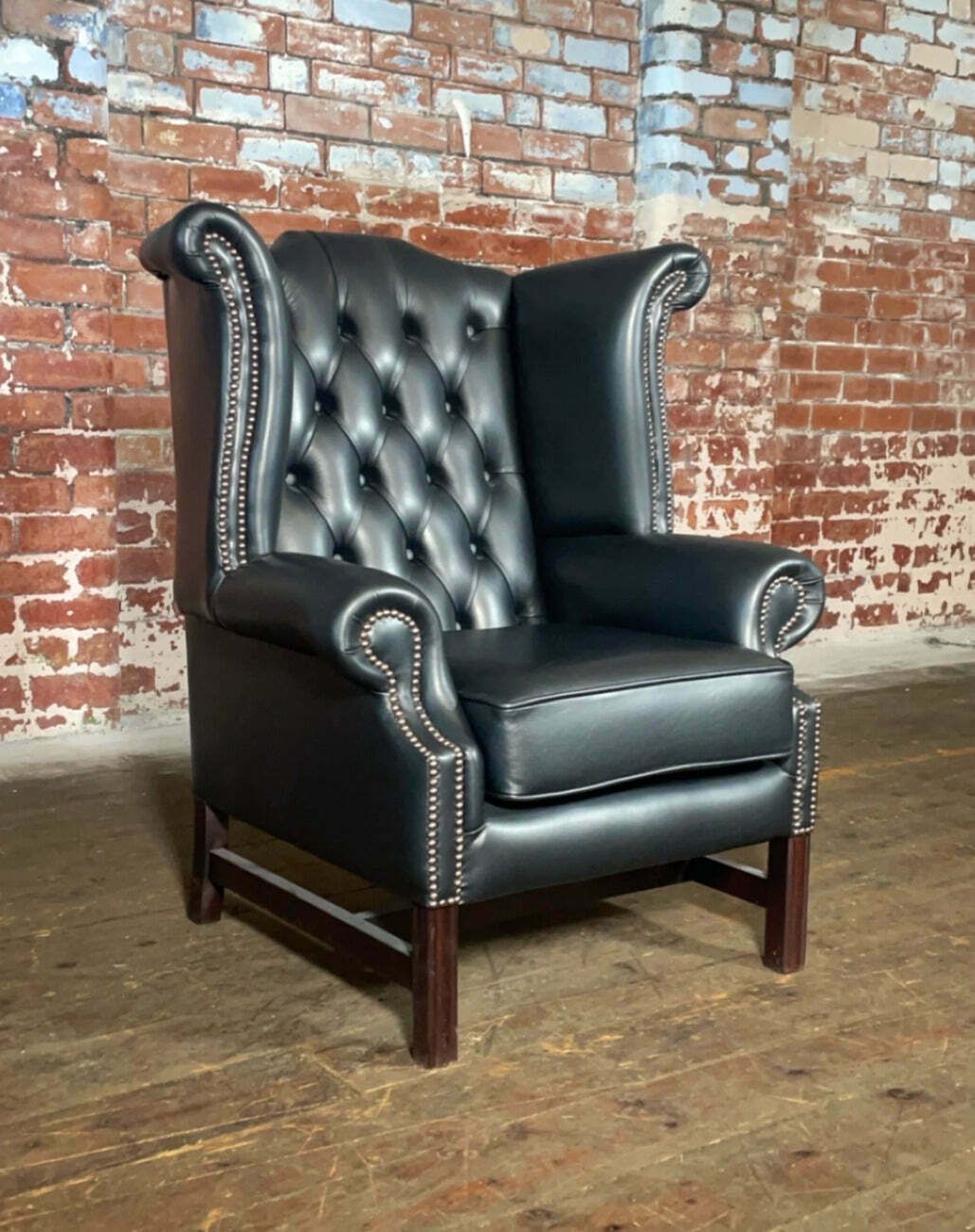 Premium Matt Black Leather Georgian Style Chair & Matching Footstool photo Furniture