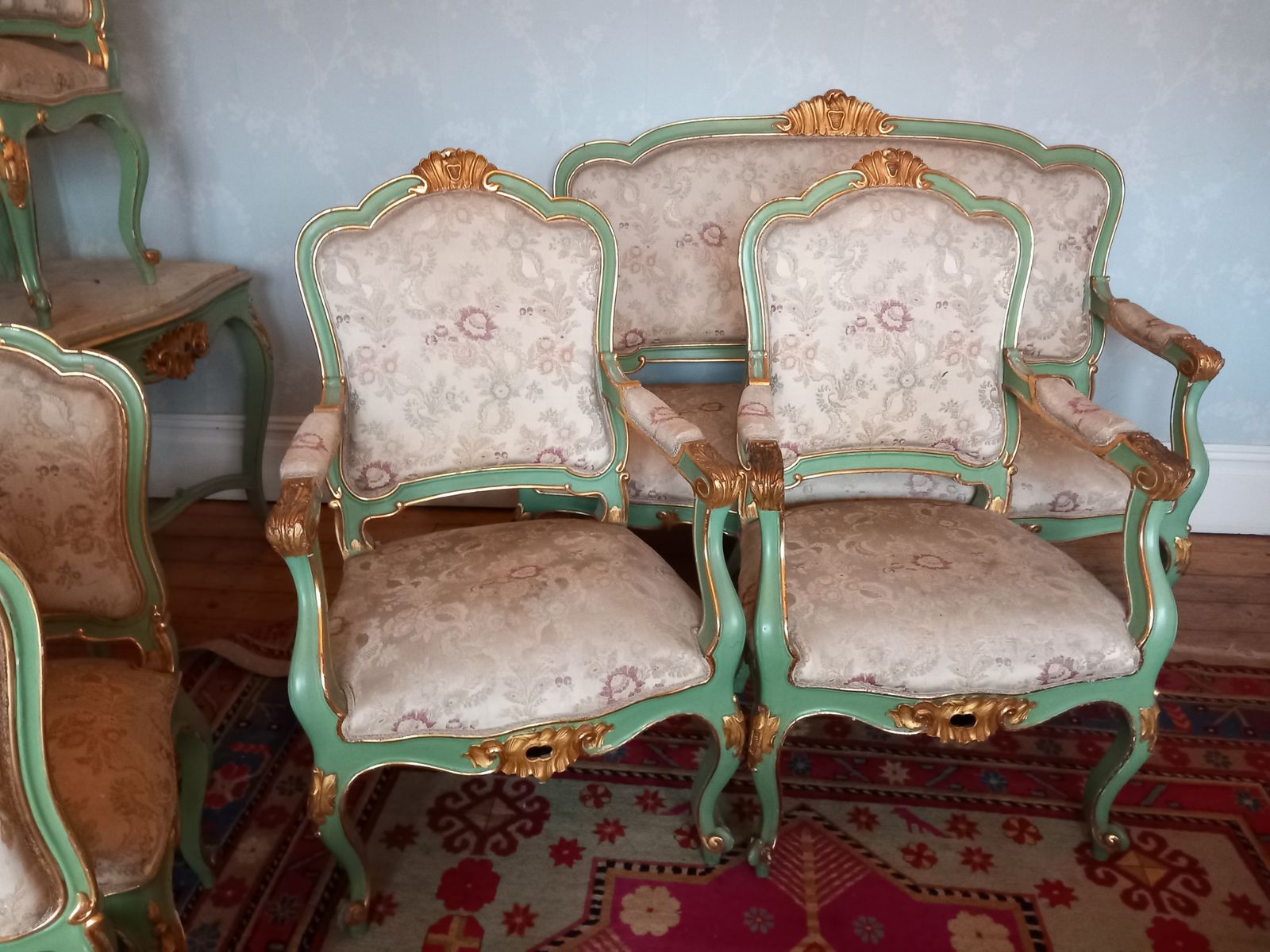 Rococo French Floral, 8 Piece Green And Gold Boudoir Suite Including Table photo furniture