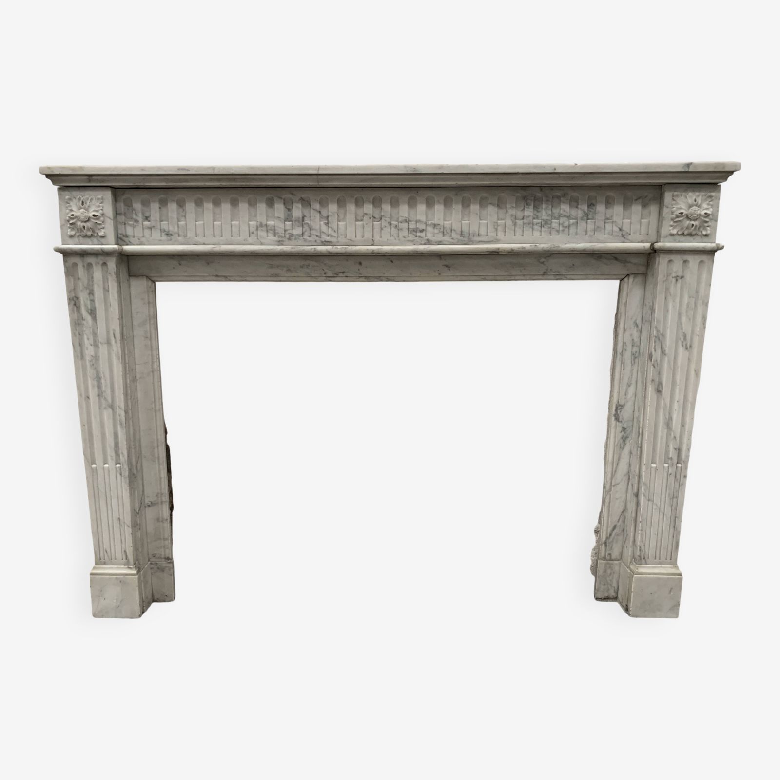 Louis XVI Style Fireplace In White Veined Carrara Marble, 19th Century