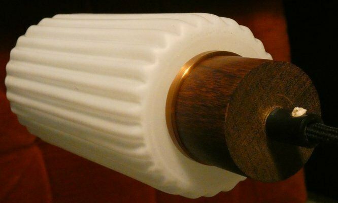 photo for sale Mid Century Pendant Lamp In Opaline Glass And Teak, Italy, 1950s