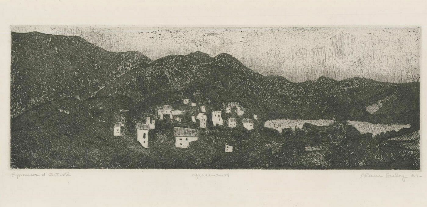 Alain Suly 1961 Etching, Village In The Hills photo furniture