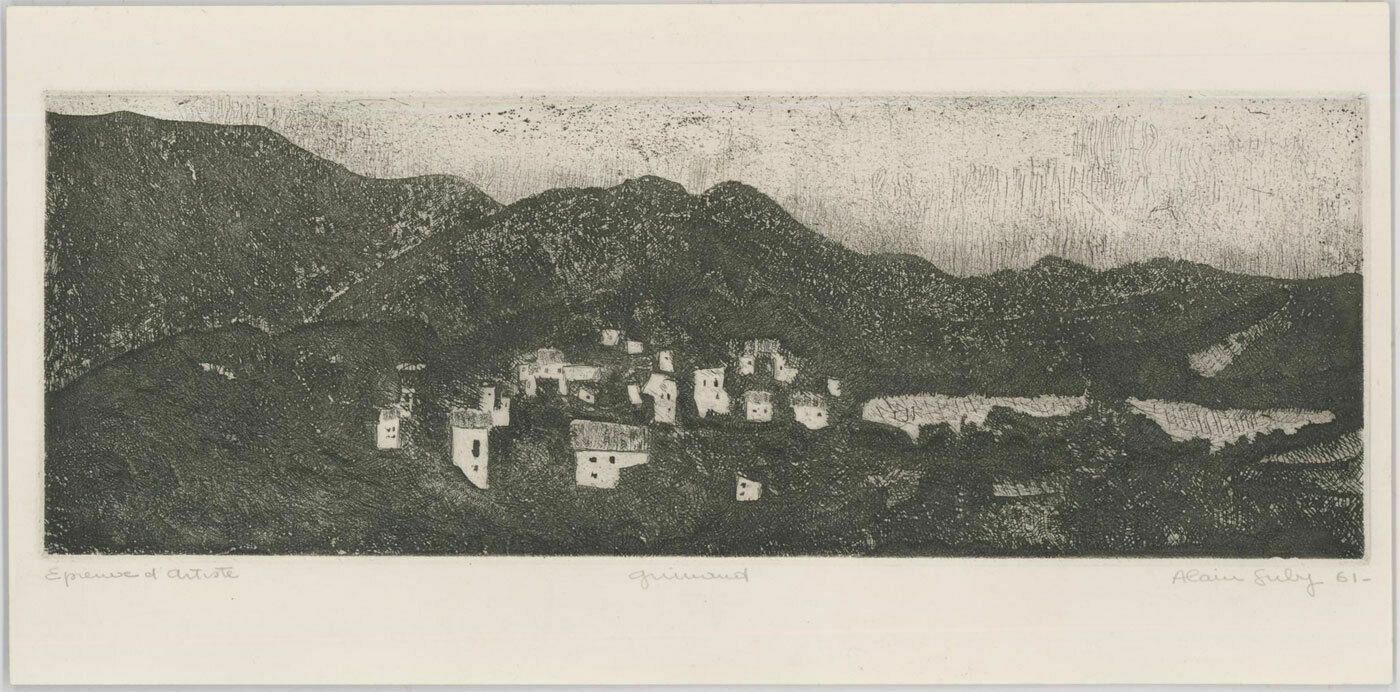 Alain Suly 1961 Etching, Village In The Hills photo for sale