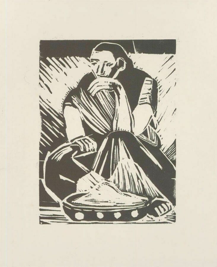 Patricia Johnstone (1944 2023) Contemporary Woodcut, Seated Woman II photo furniture