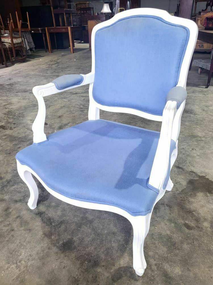 Antique Repro French Painted Arm Chair Cabriole Legs Blue Fabric  Footstool photo furniture