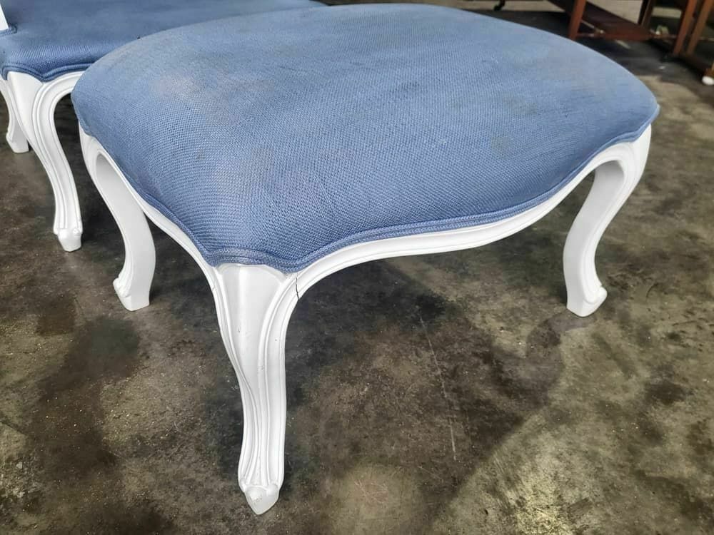Antique Repro French Painted Arm Chair Cabriole Legs Blue Fabric  Footstool photo buy