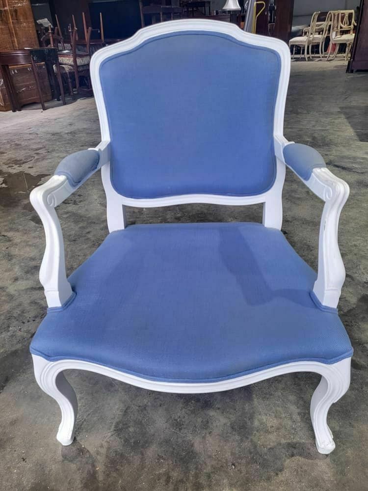 photo for sale Antique Repro French Painted Arm Chair Cabriole Legs Blue Fabric  Footstool