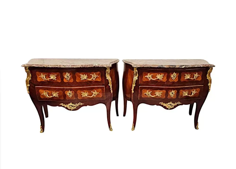 A Very Rare Pair Of 19th Century Marble Top Bombe Shaped Chests Or Commodes