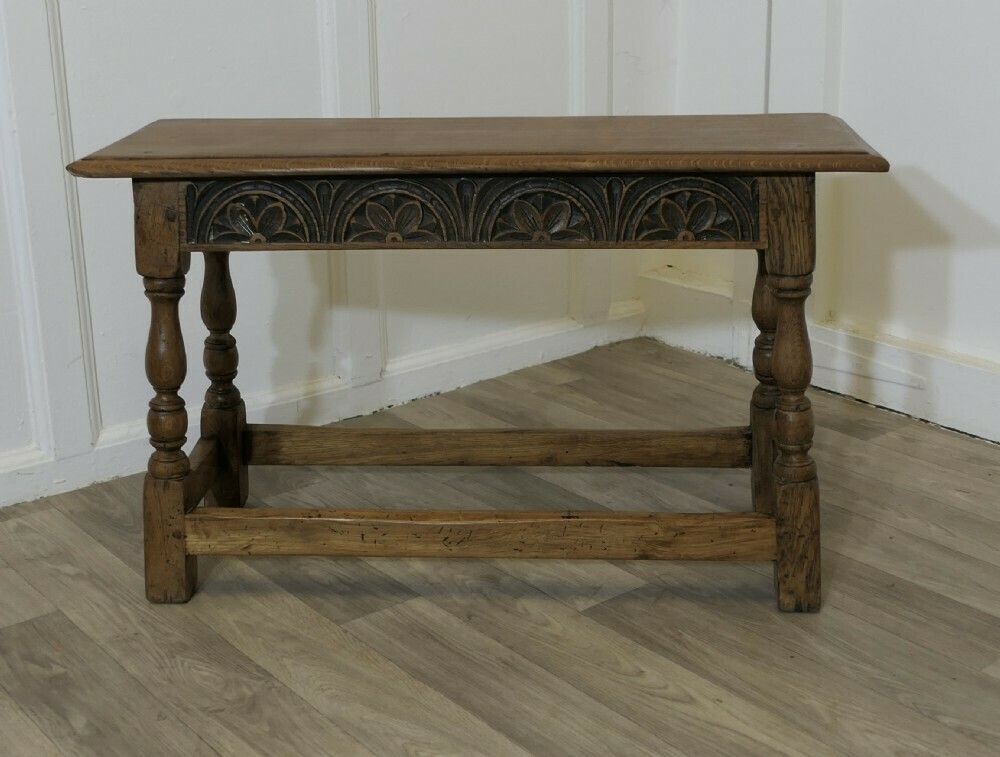 Arts And Crafts Carved Country Golden Oak Joint Stool Window Seat, Hall Bench