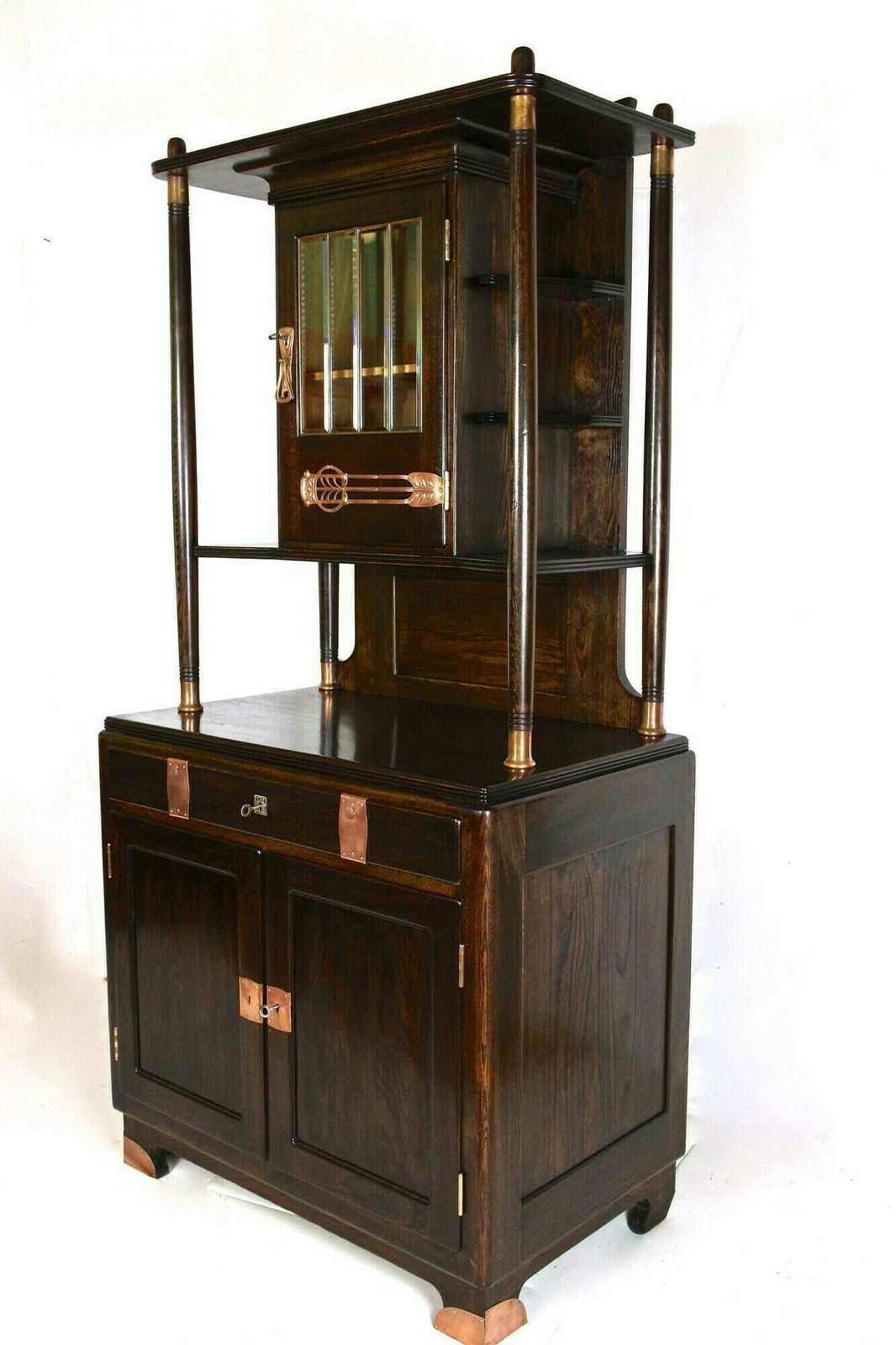 Furniture Art Nouveau Oak Cabinet/ Buffet/ Credenza With Copper Elements, Austria Ca. 1910 photo