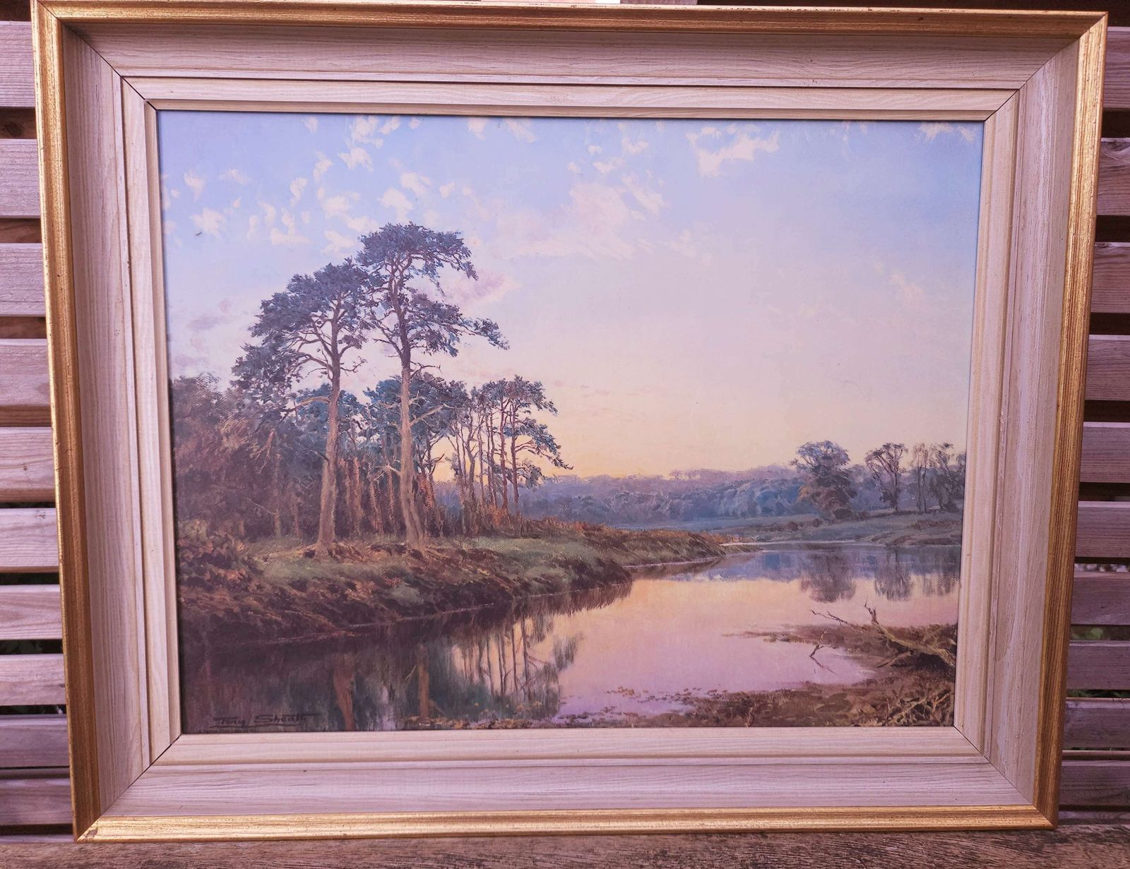 Atmospheric Riverside Landscape Print 'Evening Pines' By Artist Tony Sheath (B.1946) photo for sale