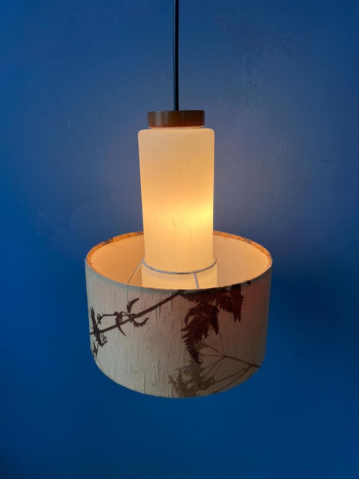 Mid Century Opaline Glass Pendant Lamp With Beige Fabric Jungle Shade photo for sale